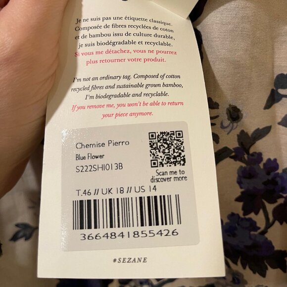 BNWT Sezane Pierro blouse blue flower 46 14 - Picture 3 of 6